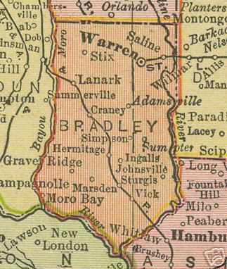 Early map of Bradley County Arkansas including, Warren, Hermitage, Banks, Moro Bay, Marsden, Johnsville
